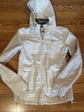 Roxy M White Snow Hooded Zip Jacket with Pastel Stripes